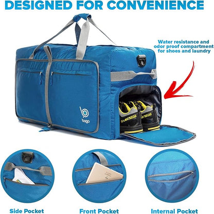 Bago Big XXL Foldable Duffel Bags for Traveling Women & Men - 140L Packable Duffle Bag for Travel with Shoe Compartment - Water Repellant, Heavy Duty, Lightweight Folding & Collapsible (Blue)