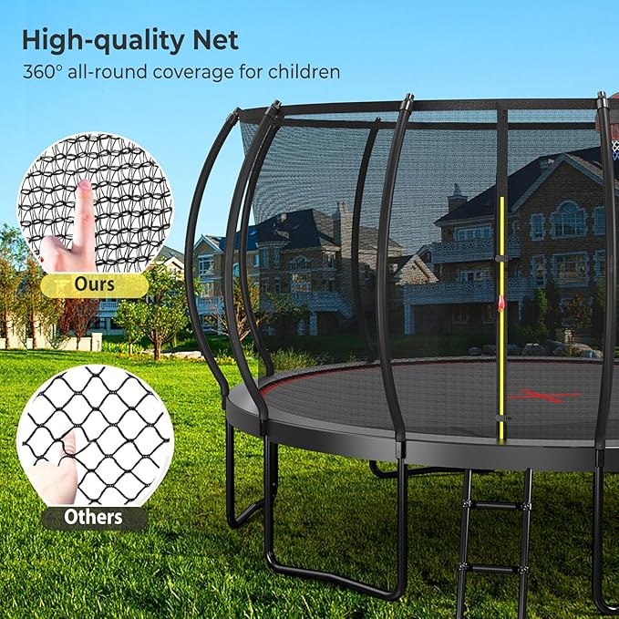 12 14 15 16FT Trampoline Outdoor with Basketball Hoop, Trampoline with Lights for Kids and Adults, Recreational Trampolin with Sprinkler, Stakes