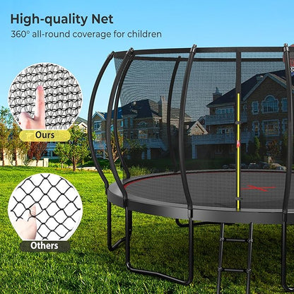 12 14 15 16FT Trampoline Outdoor with Basketball Hoop, Trampoline with Lights for Kids and Adults, Recreational Trampolin with Sprinkler, Stakes