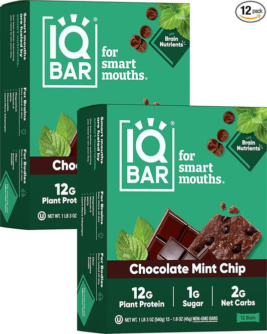 IQBAR Brain and Body Plant Protein Bars - Chocolate Mint Chip - 24-Count Low Carb - Gluten Free