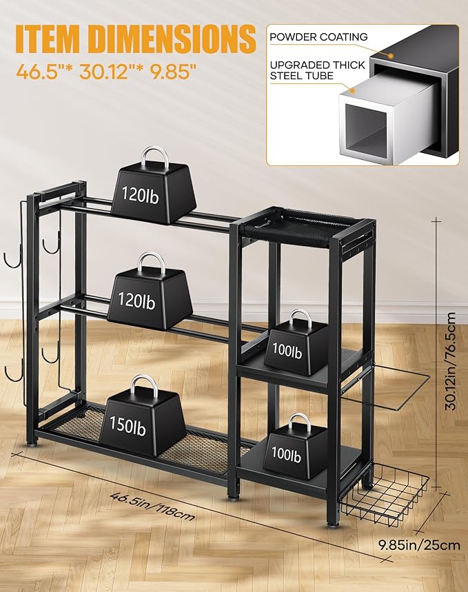 3-Tier Dumbbell Rack Stand Only - Adjustable Weight Rack for Home Gym, Heavy-Duty Weight Stand for Dumbbells Kettlebells Foam Roller Yoga Mats, Workout Equipment Storage Organizer With Hooks