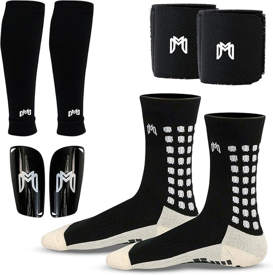 Soccer Grip Socks, Shin Guards, Pre Cut Sock Sleeves, and Guard Straps Bundle Pack - Essential Equipment for Soccer Players - for Mens, Women, Youth, Size 7 to 12 US Men Shoe Size