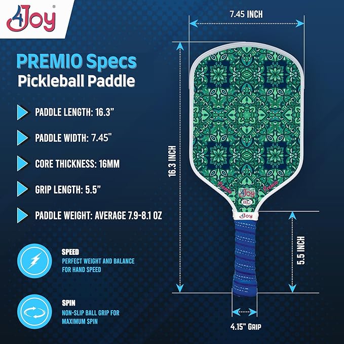 4Joy Pickleball Paddle Premio Series - Thermoformed Premium T700 Carbon Fiber Pickleball Paddless - Professional Pickleball Rackets for Women & Men - 16mm Honeycomb Core - USAP Approved