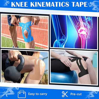 50 Pcs Precut Kinesiology Tape for Knees Pain Relief Elastic Waterproof Athletic Knee Tape for Support Stability Sports (Black,Blue,Skin Color)