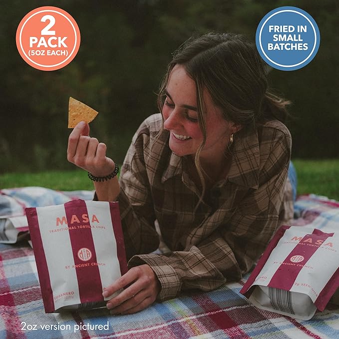 MASA Chips - Cobanero Tortilla Chips - Handmade Corn Tortillas - Spicy Chips & Snacks - Naturally Grown Yellow Corn, Grass Fed Tallow, Sea Salt, Chili - Seed Oil-Free Hot Chips - 2 Pack 5 Ounce Each