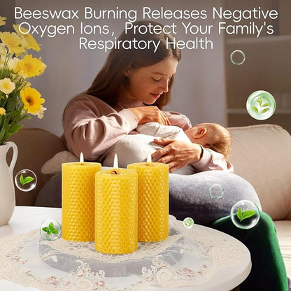 6 Pack Natural Beeswax Pillar Candles,Handmade Pure Beeswax Rolled Candles-120 Hours Long Burning,Honeycomb Bees Wax Candle for Home, Prayer,Dripless Smokeless Unscented Pillar Candle 2x4in