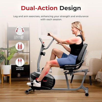Sunny Health & Fitness Smart Indoor Recumbent Bike Trainer, Home Full Body Workout & Cardio Cycling Machine for Seniors, Free SunnyFit Bluetooth Connect, Optional Arm Exerciser Hand Cycle & Bands