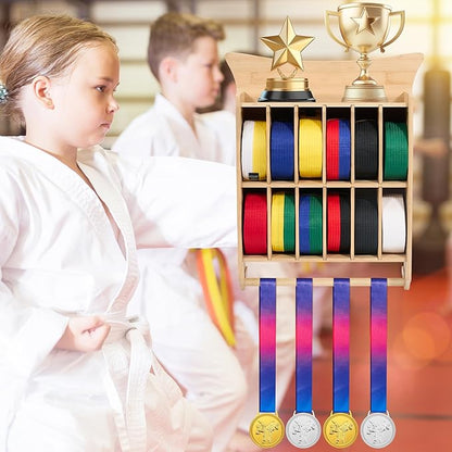 GENMOUS Karate 12 Belts Display Rack for Kids and Adults, Any Trophy and Medal Organizer, Wall Mounted Taekwondo or Martial Arts Belts Storage, Ideal Achievement Showcase for Home Dojo Decoration