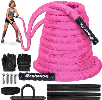 Battle Rope 1/1.26/1.5/2 Inch Diameter,Pink 30FT/40FT/50FT Exercise Workout Ropes for Home Gym Heavy Weighted Training Rope for Working Out