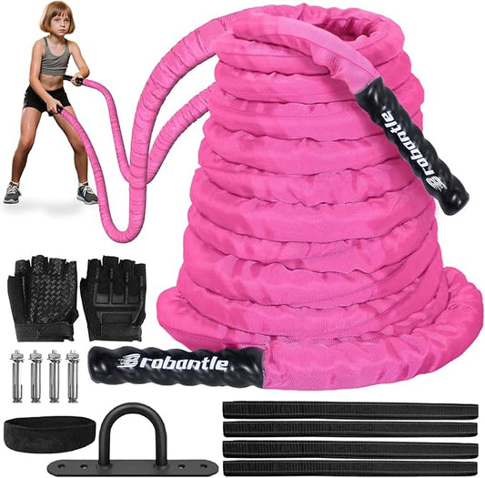 Battle Rope 1/1.26/1.5/2 Inch Diameter,Pink 30FT/40FT/50FT Exercise Workout Ropes for Home Gym Heavy Weighted Training Rope for Working Out