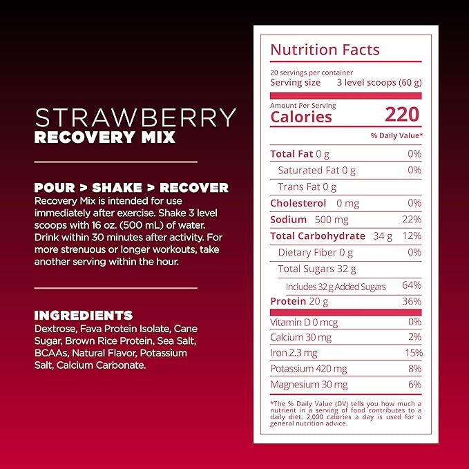Tailwind Nutrition Recovery Mix, 20 Grams Complete Protein, Carbohydrates, and Electrolytes Powder Drink Mix for Post-Workout, Free of Gluten, Soy, and Dairy, Vegan, 20 Servings, Strawberry
