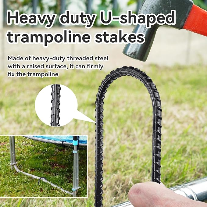 Trampoline Ground Anchors 24-Inch Heavy Duty U Rebar Stakes for Trampoline, Dog Fence, Black Antirust Coated (16 Pcs)