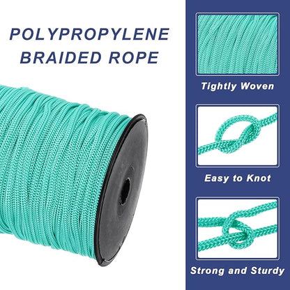 MECCANIXITY 3/16 Inch Polypropylene Rope Braided Ropes, 328ft Nylon Rope Hollow Utility Cord for Clothesline, Camping, Hiking, Outdoor, Teal Blue