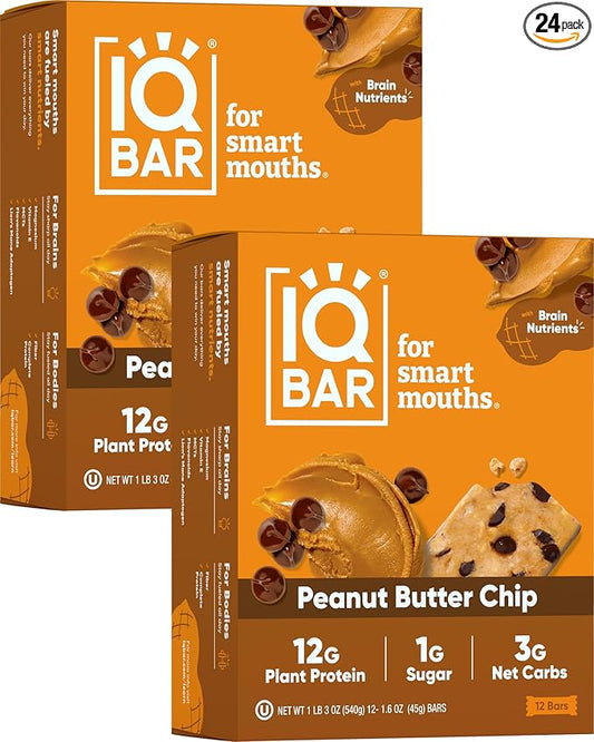IQBAR Brain and Body Plant Protein Bars - Peanut Butter Chip - 24-Count Low Carb - Gluten Free
