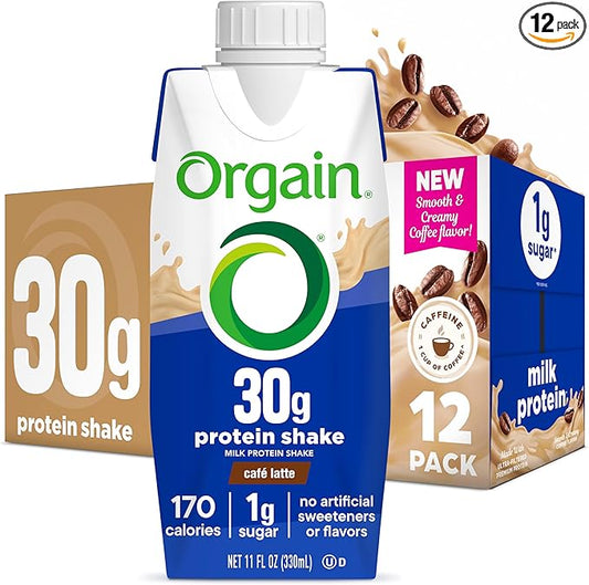 Orgain 30g High Protein Shake, Café Latte, 5g BCAAs, 1g Sugar Per Serving, Caffeine from 1 Cup of