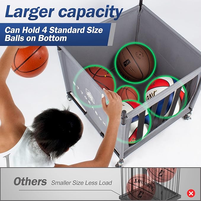 Sports Ball Storage Cart with Wheels, Lockable Ball Organizer Basket with Elastic Straps, Stackable Ball Cage for Garage Storage, Gym, Sports Equipment Storage Oxford Bin, Ball Case