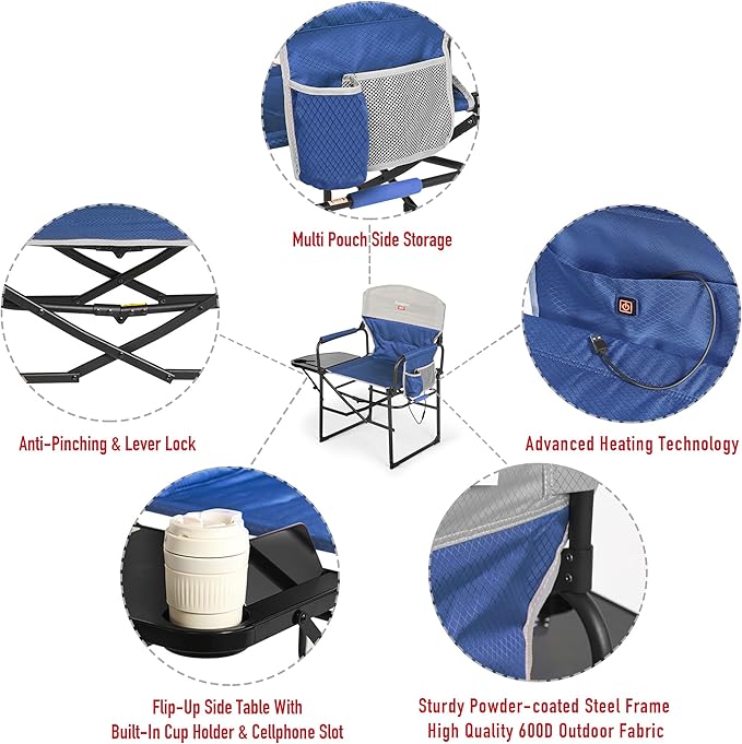 SUNNYFEEL Heated Camping Directors Chair, Portable Folding Lawn Chairs for Adults Heavy Duty with Side Table,Pocket for Beach, Fishing,Picnic,Concert Outdoor, Foldable Camp Chairs