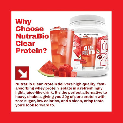 NutraBio Clear Protein Powder, Watermelon Breeze - 20 Servings, 20g Clear Whey Protein Isolate, 0 Sugar, 0g Lactose, Refreshing Fruit Flavors, GLP1 Support -Bone Health - Muscle Post Workout Recovery