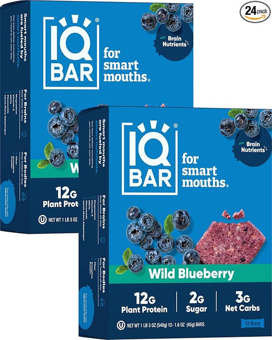 IQBAR Brain and Body Plant Protein Bars - Wild Blueberry - 24-Count Low Carb - Gluten Free, High