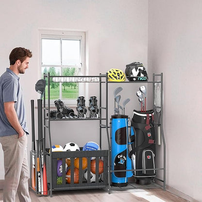 Ultrawall Golf Storage Organizer, Golf Bag Storage Stand for Garage, Golf Equipment Rack with Wheels Fits 2 Golf Bags and Golf Equipment Accessories
