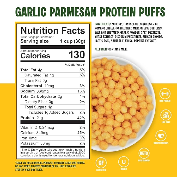Twin Peaks Protein Puffs - (Garlic Parmesan), Keto Friendly, Low Carb Snack (300g, 21g Protein, 2g Net Carbs, High Protein, Healthy Crunchy Snack)