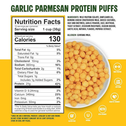 Twin Peaks Protein Puffs - (Garlic Parmesan), Keto Friendly, Low Carb Snack (300g, 21g Protein, 2g Net Carbs, High Protein, Healthy Crunchy Snack)