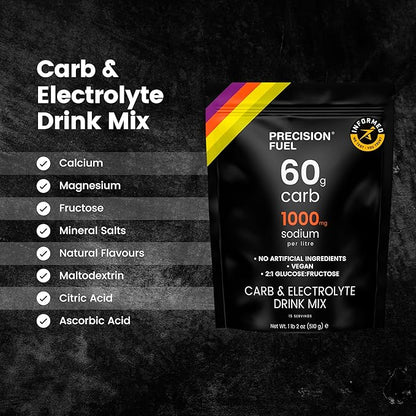 Precision Fuel PF 60 Carb & Electrolyte Drink Mix Powder for Hydration & Energy - Endurance Sports Nutrition, Vegan, Hypotonic - 60g Carb, 1000mg Sodium per Litre - Mild Citrus Flavor, 2-Pack