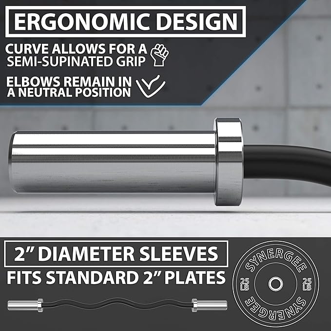 Synergee Commercial EZ Curl Olympic Bar Chrome & Black Phosphate with Powder Coated Brass Bushings Excellent for Bicep Curls and Triceps Extensions