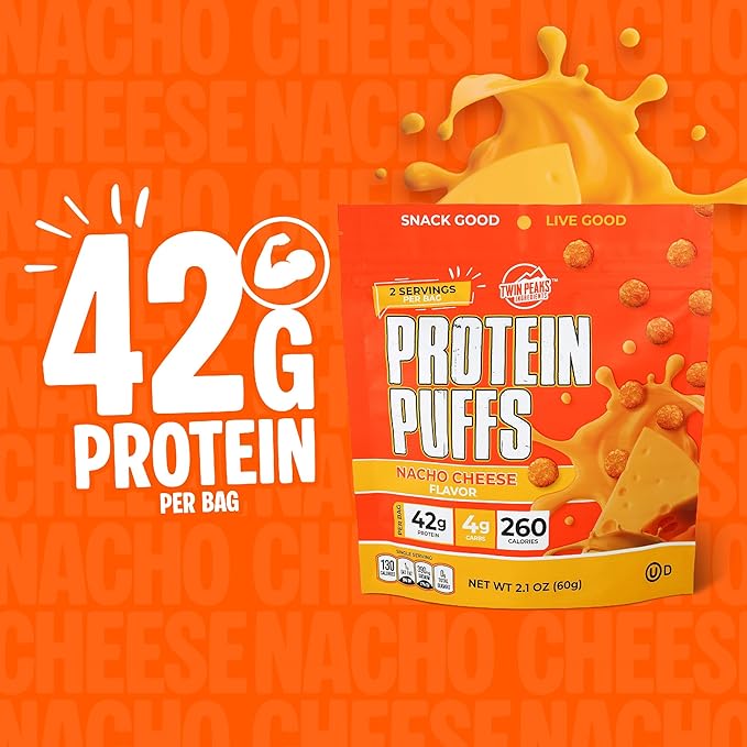 Twin Peaks Low Carb, Keto Friendly Protein Puffs, (Nacho Cheese), 2 Servings, 3 Pack (60g, 42g Protein, 4g Carbs)