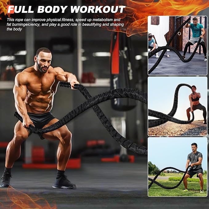 Battle Ropes for Home Gym, Exercise Rope 1.26/1.5inch, 30 40FT Heavy Battle Rope Weighted Battle Rope Training Heavy Rope for Workout Exercise