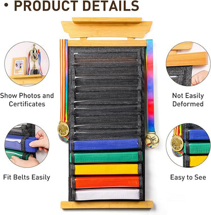 Tilhumt 12/10 Belts Karate Belt Display Rack with Stickers, Taekwondo Belt Display with Trophy/Photo Rack, Felt Dustproof Design, Easy to Put in Belt, Martial Arts Belt Display for Adults