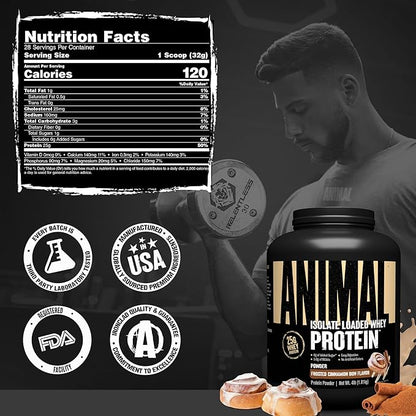 Animal Whey Isolate Protein Powder - Loaded for Pre & Post Workout Muscle Builder and Recovery with Digestive Enzymes for Men & Women - 25g Protein, Great Taste, Low Sugar - Frosted Cinnamon Bun 4 lbs
