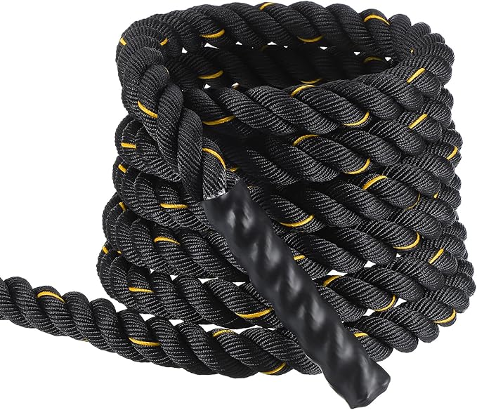 MECCANIXITY Battle Rope 20ft x 1.5 Inch Polyester Workout Rope Heavy Fitness Exercise Rope for Strength Training Home Gym Muscle Building, Black Yellow