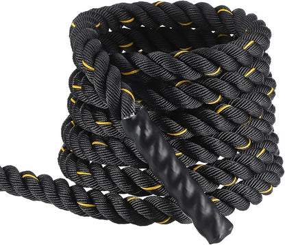 MECCANIXITY Battle Rope 20ft x 1.5 Inch Polyester Workout Rope Heavy Fitness Exercise Rope for Strength Training Home Gym Muscle Building, Black Yellow