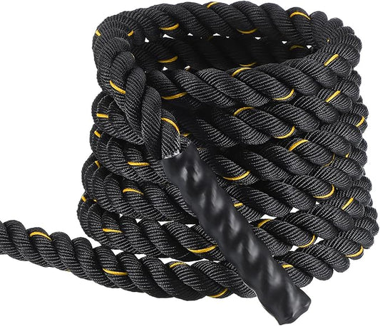 MECCANIXITY Battle Rope 20ft x 1.5 Inch Polyester Workout Rope Heavy Fitness Exercise Rope for Strength Training Home Gym Muscle Building, Black Yellow