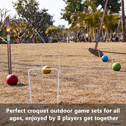 Deluxe 8 Players Croquet Set with 32In Regulation | 28In Standard Size Rubber Wood Mallets, Colored PE Ball, Wickets, 21In End Stakes - Lawn Backyard Game for Teens/Adults/Family