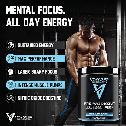 Voyager Pre-Workout Rocket Razz ??Creatine-Free Powder w/L-Citrulline, Beta-Alanine, Caffeine ??Supports Energy, Endurance & Focus ??30 Servings ??No Artificial Fillers ??GMP Certified