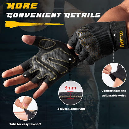 FREETOO Fingerless Workout Gloves for Men,Padded Palm Weight Lifting Gloves