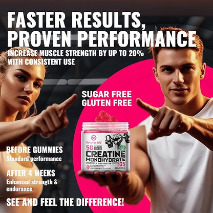 Creatine Monohydrate Gummies (5g) – Pre-Workout Energy & Muscle Growth Support for Men & Women | Raspberry Electrolyte Gummies (135 Count)