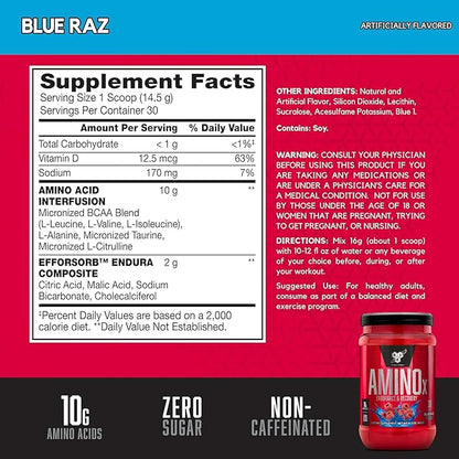 BSN Workout Bundle of NO XPLODE Pre Workout Powder Blue Raz, 30 Servings AMINO X Muscle Recovery Intra Workout Support, Caffeine Free Blue Raz, 30 Servings