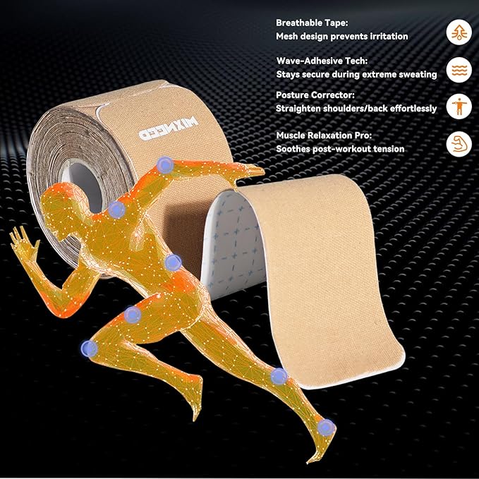 Waterproof Kinesiology Tape Roll Precut Rock Tape for Knee | Copper Elastic Sports Tape (120ct 6 Rolls Beige)