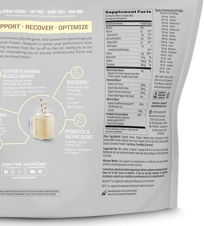 Sunwarrior Organic Plant Based Protein Powder | Vegan Organic Protein Powder with BCAA Amino Acids Plus Recovery Minerals & Botanicals | Non-GMO Soy Dairy & Gluten Free (Vanilla, 45 Servings)