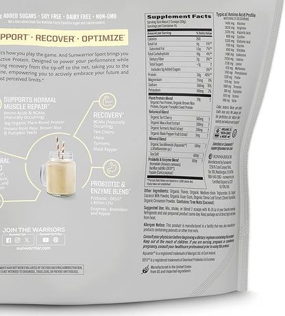 Sunwarrior Organic Plant Based Protein Powder | Vegan Organic Protein Powder with BCAA Amino Acids Plus Recovery Minerals & Botanicals | Non-GMO Soy Dairy & Gluten Free (Vanilla, 45 Servings)