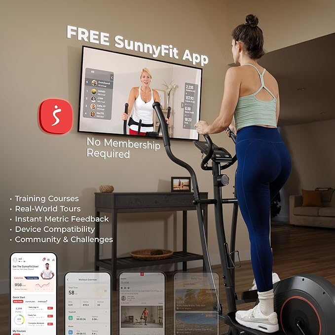 Sunny Health & Fitness Smart Upright Elliptical w/Pulse Sensor Built-in, Indoor Full-Body Cross-Training & Cardio Exercise Machine for Home, Free SunnyFit App Connection, Optional Long Stride Length