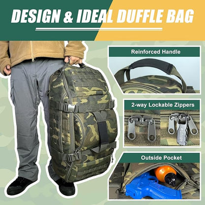 65L Large Travel Duffle Bag Military Tactical Backpack, Army Assault Pack 3 Day Bug Out Bag Rucksack for Outdoor Sport Hiking Camping with Molle System, Woodland