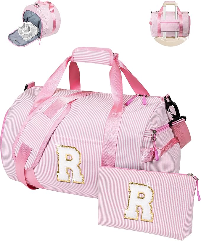 Teen Girls Birthday Gifts, Girl Gym Bag, Kids Initial Overnight Duffel Bags with Shoe Compartment, Personalized Travel Bag with Makeup Pouch, Gift for 3 4 5 6 7 Year Old Kid (Letter R)