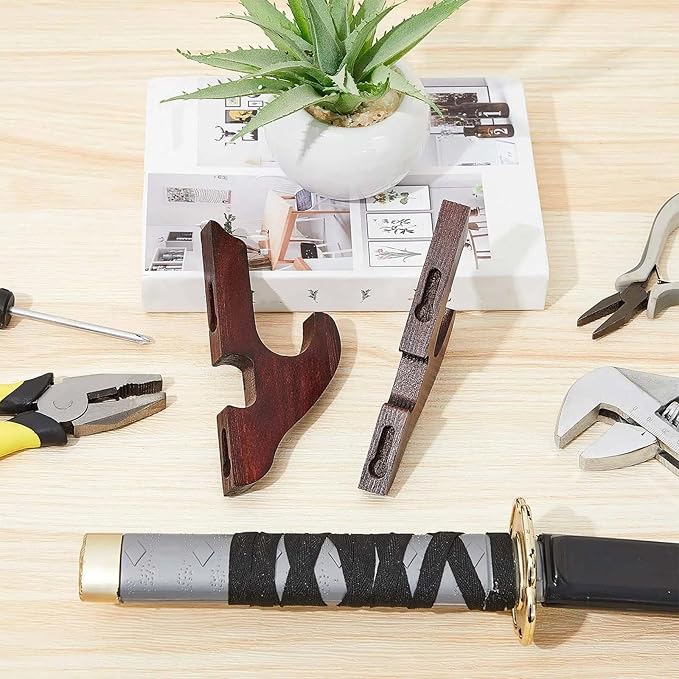 Chunful 2 Pcs Sword Wall Mount Sword Holder Katana Stand 1 Tier Hanger Adjustable Wooden Mounts for Samurai(5.91 x 2.76 x 1.38 Inches,Reddish Brown)