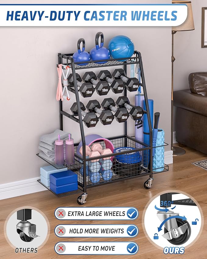 Weight Rack for Dumbbells - Home Gym Storage Rack - Dumbbell and Weight Organizer with 4 Flexible Wheels and Unique Storage on Both Sides