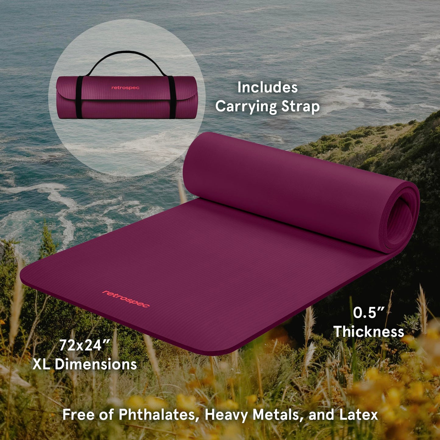 Retrospec Solana Yoga Mat 1/2" Thick w/Nylon Strap for Men & Women - Non Slip Excercise Mat for