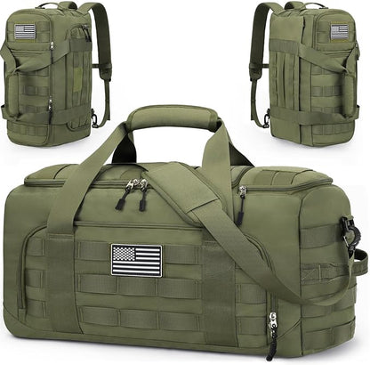 ZOMFELT Tactical Gym Bag for Men, 3-in-1 Travel Duffle Bag with Removable Dividers & Innovative Shoe Compartment, Waterproof MOLLE Travel Backpack, Airplane Carry-On Approved Workout, Outdoor, Green